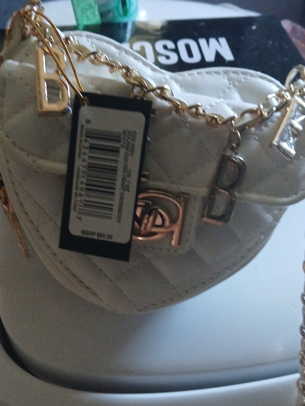 Bebe White Quilted Heart Crossbody Bag with Gold Chain and Charms